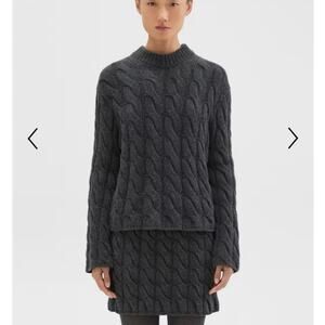 THEORY Cable Knit Mock Neck Sweater in Felted Wool-Cashmere Charcoal Gray Small